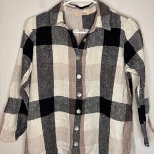 SOFT SURROUNDINGS Linen Blend Button Up Shirt Womens XS Black Tan Plaid Collar